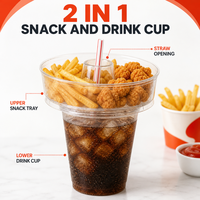 Gobelet jetable personnalisé en PP pour fêtes, combo collation et boisson froide avec plateau à frites, gobelet 2-en-1 en plastique pour collation et boisson