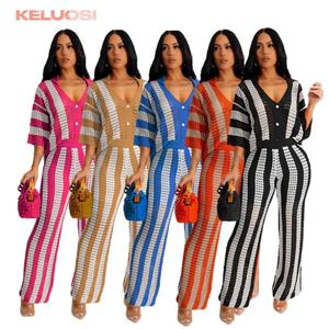 Nuovo maglione autunnale primaverile lavorato a maglia di colore a contrasto di tendenza <span class=keywords><strong>abbigliamento</strong></span> da donna 2024 pantaloni larghi a maglia abiti larghi in due pezzi - Product Image 1