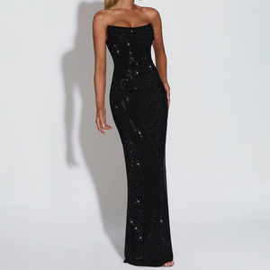 Gaun Maxi Wanita Formal Pesta Malam Berkualitas Tinggi Grosir, Model Kerah Tanduk Tanpa Tali Bertabur Rhinestone Mewah dengan Tali di Belakang - Product Image 6