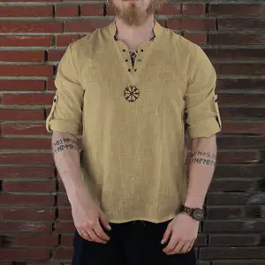 Medieval Shirt Men Short Sleeve Cotton Linen T-shirt Retro Pirate Casual Blouse Lace-up Shirt Cosplay Costume Chemise