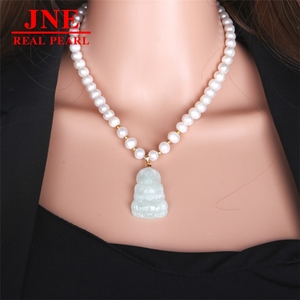 Natürliche Perlenkette mit Runden Perlen, Jade-Göttin der Barmherzigkeit, Goldene Kugeln, Perlenkette als Muttertagsgeschenk für Ältere - Product Image 4