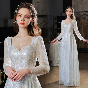 Silver Sequined Evening Gown Long Sleeve Sweetheart Neckline A-Line Empire Waist Wedding Dress Reception Performance Host Dress - Product Image 1