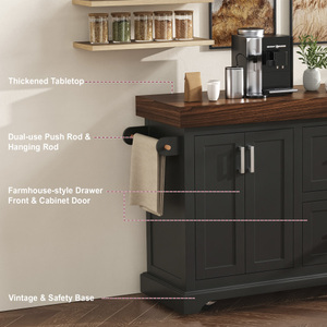 OE HOME 53" Rolling <b>Kitchen</b> Island 3.5" Thick MDF Rubber Wood Desktop Storage Cabinets Drawers Spice/Towel <b>Racks</b> 5 Wheels - Product Image 6