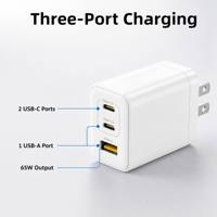 Charger Dinding Cepat GaN 3 Port QC3.0 & PD 65W Laris Manis EU dengan Multi-Port USB-C/USB-A untuk Ponsel Tablet Laptop