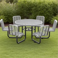 Mesa de Picnic Redonda de Metal Perforado de 46 Pulgadas con Seis Bancos Modernos, Resistente al Agua para Patio, Hotel, Escuela, Comedor al Aire Libre
