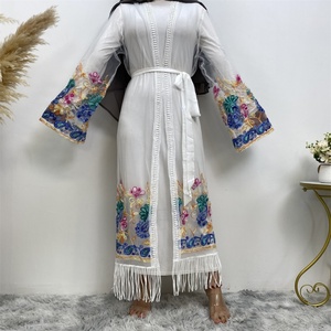 1904# New Fashion Mesh Floral Embroidery Open Islamic Clothing Coat Women Muslim <b>Eid</b> Abaya <b>Dresses</b> - Product Image 3