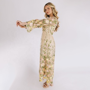 Abito Estivo da Donna Vintage con Scollo a V, <span class=keywords><strong>Maniche</strong></span> a Lanterna, Volant, Trasparente in Raso e Rete, a 2 Strati, Floreale, Maxi, Streetwear, Lavabile - Product Image 4