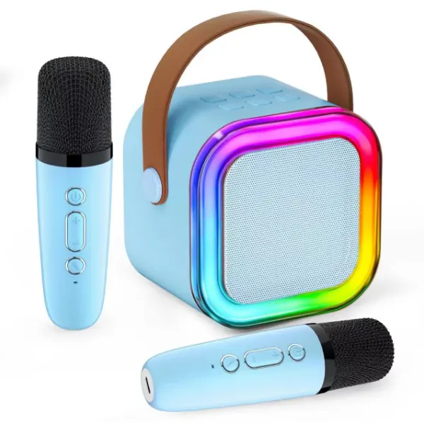 Kablosuz mikrofon ile taşınabilir bluetooth'lu hoparlör ve çocuklar ve yetişkinler için LED ışık karaoke makinesi