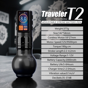 旅行者T2 2.0-4.2毫米可调行程无线纹身机枪电动旋转电池笔，带54/42毫米握把，用于人体艺术 - Product Image 6