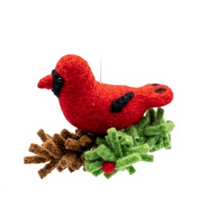 Handmade Eco-Friendly 100% Certified Wool Felt Cardinal Bird Christmas Ornament Holly <b>Pinecone</b> Decor Wall Hanging Traditional - Product Image 3