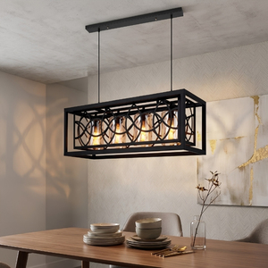 4 <b>Light</b> Gotham Rectangular Geometric <b>Cage</b> Pendant <b>Light</b>, Black Metal Glass Hanging Lamp - Product Image 5