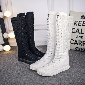 Bottes longues en dentelle, chaussures en toile, bottes plates pour femmes, fermeture éclair latérale, bottes hautes jusqu'au genou, chaussures de danse confortables pour adultes, tendance automne-<span class=keywords><strong>hiver</strong></span> - Product Image 4