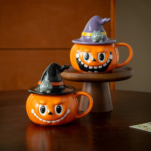 Tasse en céramique fantôme citrouille avec couvercle et poignée, design de dessin animé, pour fête d'Halloween - Product Image 1