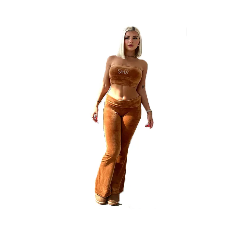 Ky Suit Elegant Op Maat Gemaakte Elastische Taille Laagbouw Flare Broek Custom Tube Top Velours Sets Voor Dames