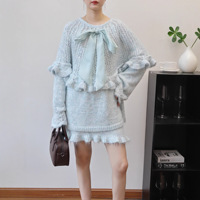 Ensemble pull deux pièces vintage en dentelle pour femme automne/hiver 2025, nouveau design à sequins et volants, haut en maille et jupe unie au-dessus du genou, coupe ample