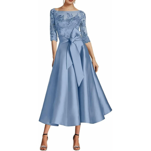 فساتين سهرة من الساتان لأم العروس بأكمام والدانتيل مزينة بفيونكة فستان رسمي مستوحى من القوس لحفلات الزفاف - Product Image 5