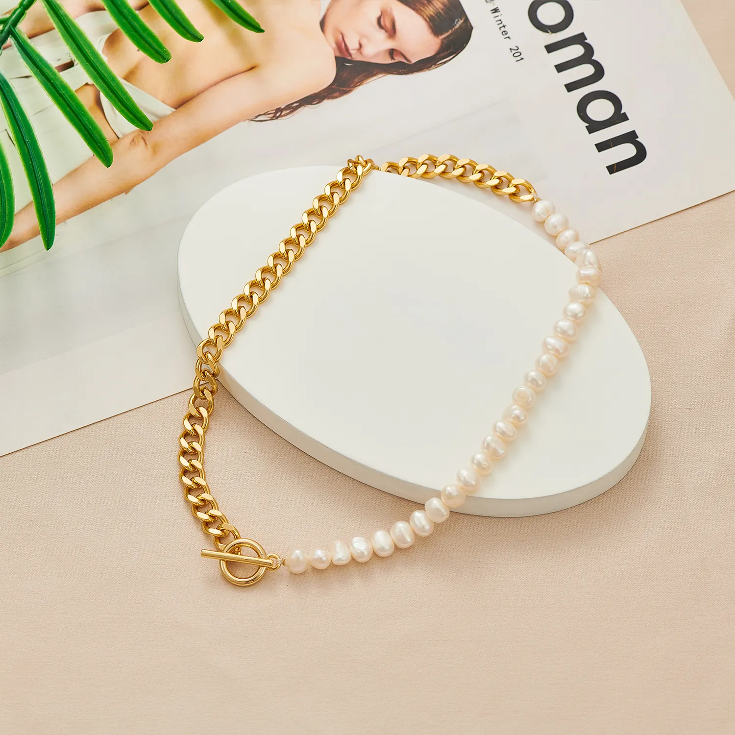 Pearl and Cuban Chain Splicing Chain dress White Elegant Women Gold Plated 9.25 Silver Women's Party Necklaces 1pcs/opp Bag N/A