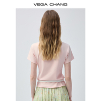 VEGA CHANG Lichtroze Crew Neck T-shirt met Parelborduursel, Katoen, voor Dames, Borst Handgestikte Fruitprint, Smalle Mouwboorden