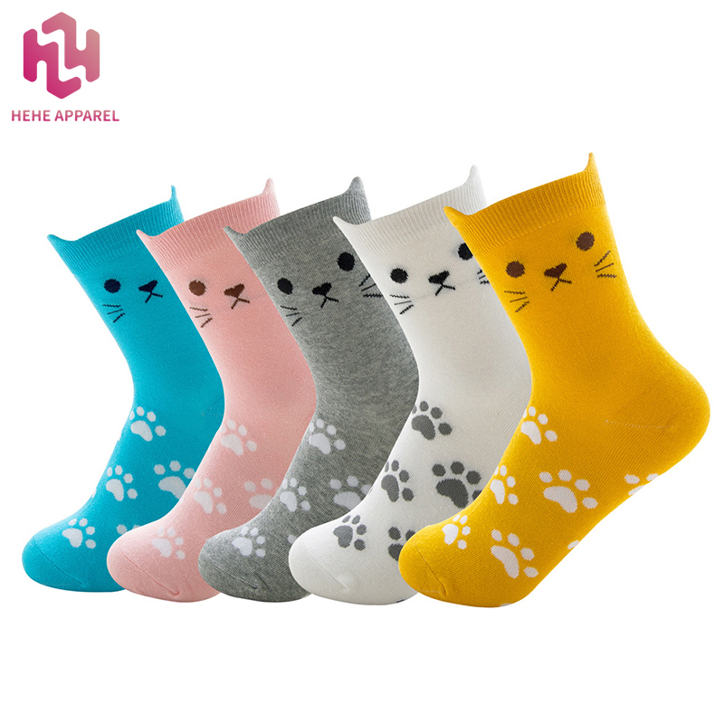 HEHE customize and wholesale Fashion Cute Cartoon cat ear Kitty stereo ears middle tube socks women socks