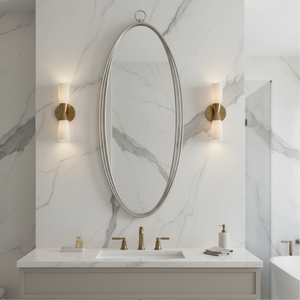 Miroir mural moderne <span class=keywords><strong>en</strong></span> métal doré champagne, forme ovale, verre trempé, à fixer au mur, pour salon, chambre, décoration intérieure - Product Image 1