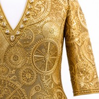 Robe Midi Femme Col V Manches 3/4 Style Horloger de Zurich en Brocart Métallique Géométrique 320G pour Soirée de Bal de Promo - Vente en Gros Personnalisée