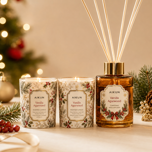 Aikun Festive Pine Amber Glass Gold Botanical Printed 2 Jar Scented <b>Candle</b> And Reed Diffuser <b>Gift</b> <b>Set</b> for Christmas Gifting - Product Image 2
