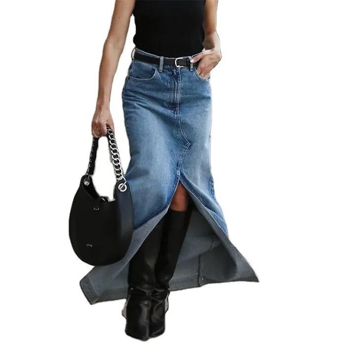 Popular Products summer Blue Casual Sexy Slit Long Denim Skirts Office Elegant High Waist A-Line Skirt