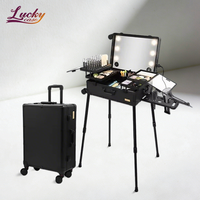 Valise de maquillage professionnelle télescopique en aluminium avec lumières et haut-parleurs Bluetooth, chariot portable pour maquillage