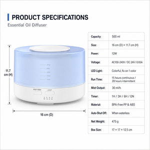 Diffuseur <span class=keywords><strong>d</strong></span>'huiles essentielles ultrasonique blanc 500 ml, <span class=keywords><strong>humidificateur</strong></span> <span class=keywords><strong>d</strong></span>'aromathérapie, LED 7 couleurs, arrêt automatique, 3 minuteurs, autonomie 15h, indicateur de niveau <span class=keywords><strong>d</strong></span>'eau - Product Image 6