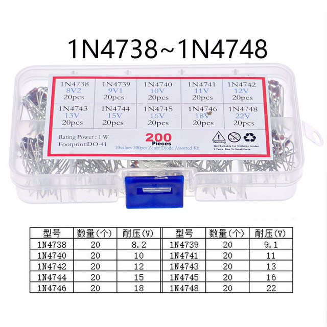 200Pcs 1W Zener Diode Assortment Box Kit 1N4738 1N4739 1N4740 1N4741 1N4742 1N4743 1N4744 1N4745 1N4746 1N4748