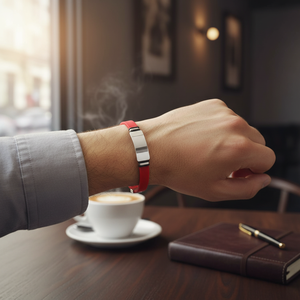 Bracciale a catena e maglie in acciaio e rosso - Product Image 3