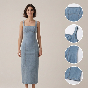 فستان جينز ميدي بتصميم عتيق لعام 2026، فستان نسائي مثير برقبة مربعة وسحاب خلفي، فستان ضيق من الجينز، فستان ضيق على شكل قلم رصاص - Product Image 4