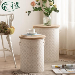 Cream Colored Vintage Storage <b>Bin</b> With Wooden Top H2351 Nightstand For Bedroom Living Room - Product Image 1