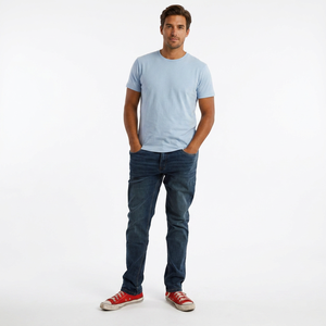 Jean en denim coupe droite pour homme, délavé moyen, en coton, décontracté, avec poches, fermeture boutonnée, style été - Product Image 1