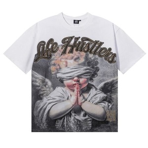 T-shirt unisexe en coton respirant avec imprimé ange masqué tatoué, style américain tendance, transfert thermique et strass - Product Image 4