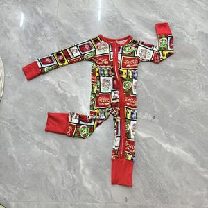 Grosir pakaian tidur bayi rajutan, Jumpsuit lengan panjang perekat bambu cetak Natal dua arah ritsleting musim gugur - Product Image 4