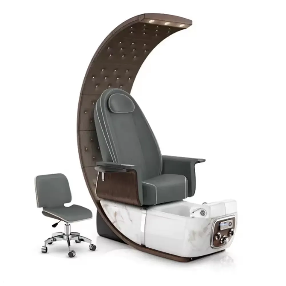Yeni stil lüks PU masaj ayak masajı ve ışık ile pedikür sandalyesi, tırnak dükkanı için özelleştirilmiş renk logosu