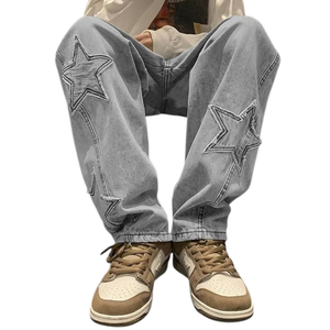 Jeans décontractés à jambe droite, coupe ample, jambe large, délavés, avec logo personnalisé en étoiles américaines, toutes tailles - Product Image 1