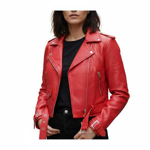 Chaqueta de Motera Tradicional de Cuero de Oveja Rojo Premium para Mujer, Forro de Viscosa de Cuero Genuino, Tejida, Informal, para Invierno - Product Image 2