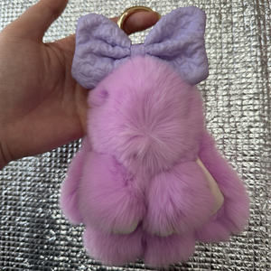 Werbegeschenk 15cm Flauschiger Niedlicher Hasen-Schlüsselanhänger Echtes Kaninchenfell Kawaii Schleife Häschen Süßer Schlüsselring Taschenanhänger Auto-Accessoires - Product Image 4