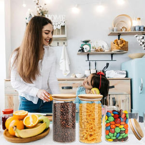 Ensemble <span class=keywords><strong>de</strong></span> bocaux <span class=keywords><strong>de</strong></span> rangement en verre en gros, contenants ronds transparents avec couvercles en bambou hermétiques pour l'organisation du garde-manger <span class=keywords><strong>de</strong></span> la cuisine - Product Image 3