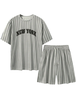 Ensemble deux pièces classique à rayures fines gris, short décontracté, ensemble à rayures verticales, survêtement en tricot à rayures fines, polyester
