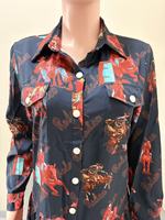 Robe chemise ample et respirante à manches longues, imprimé cheval cowgirl rétro, nouvelle collection 2026, style vintage élégant, longueur midi, vente en gros