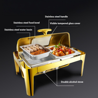 Matériel de restauration et hôtellerie : Réchaud de buffet en acier inoxydable 9L à couvercle rabattable, alimenté au gaz, avec fonction de chauffage à l'alcool