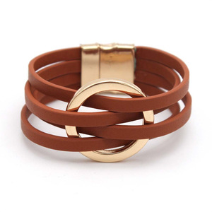 Nueva Pulsera de Cuero Cruzado para Mujer, Brazalete de Metal con Anillo Grande, Pulsera Multicapa con Cierre Magnético, Brazalete de Acero Inoxidable - Product Image 4
