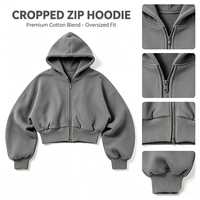 Sweat-shirt unisexe à capuche zippé, coupe courte et oversize, style streetwear, épais, gris, avec fermeture éclair intégrale, personnalisable, vente en gros