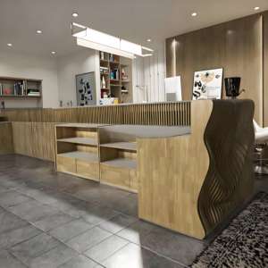 Mostrador de Recepción Moderno en Forma de L de Madera de Caucho de Alta Gama, Muebles de Oficina Comerciales Curvos de Diseño Personalizado y Duraderos - Product Image 5