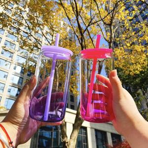 Reusable Gradient Colored 16oz Acrylic <b>Cup</b> Can Soda Beer Ombre Plastic Jelly <b>Cups</b> with PP <b>Lid</b> <b>and</b> <b>Straw</b> for Drinks - Product Image 3