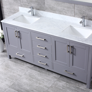 Meuble-lavabo de salle de bain gris contemporain avec miroir, 72 pouces, double vasque, en MDF peint, design sur pied - Product Image 3