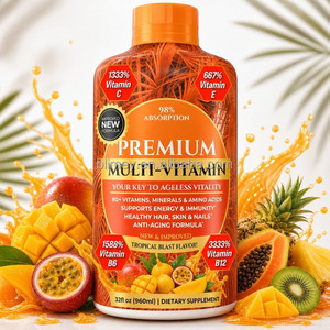 Multivitamines liquides sans sucre saveur orange, vitamines C, D3, zinc, minéraux, acides aminés, soutien immunitaire liquide - Product Image 1